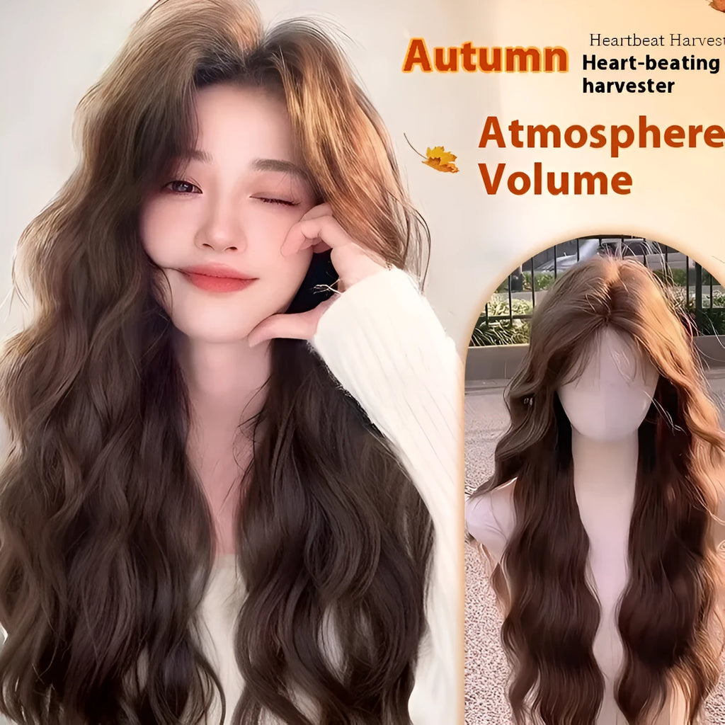 Women's full-head wig with long curly artificial hair and side bangs in brown black colour