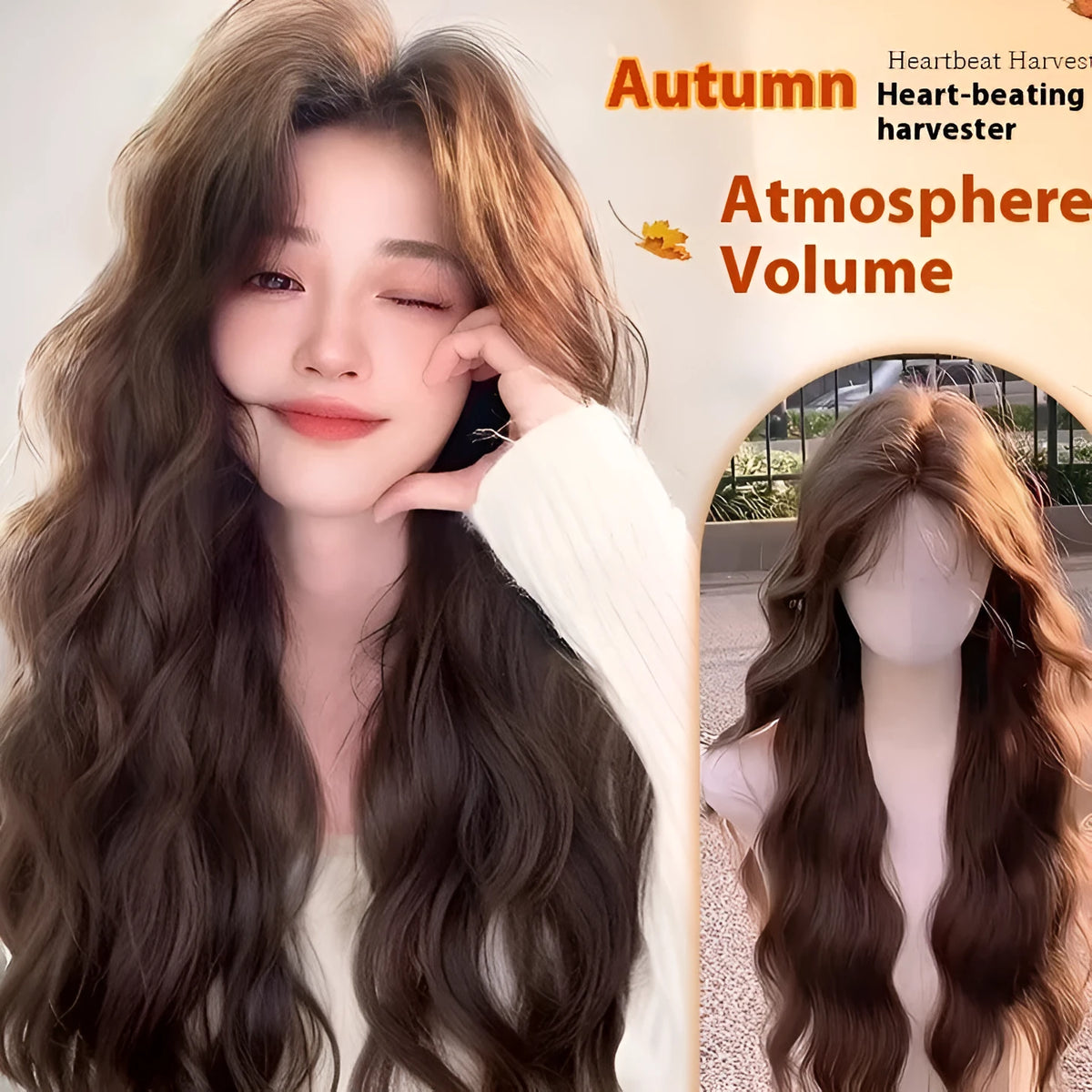 Women's full-head wig with long curly artificial hair and side bangs in brown black colour