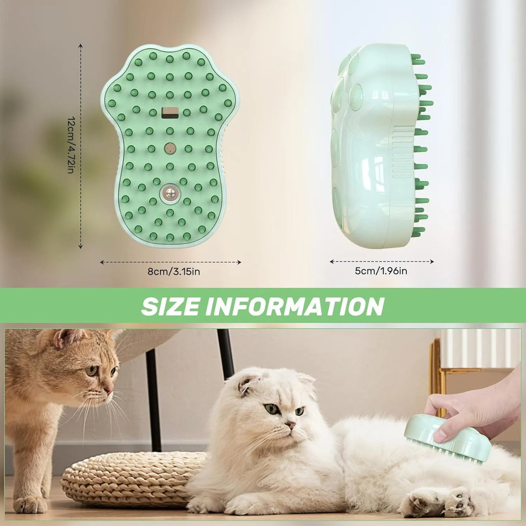 Rechargeable blue pet steam brush with silicone bristles and a water reservoir.