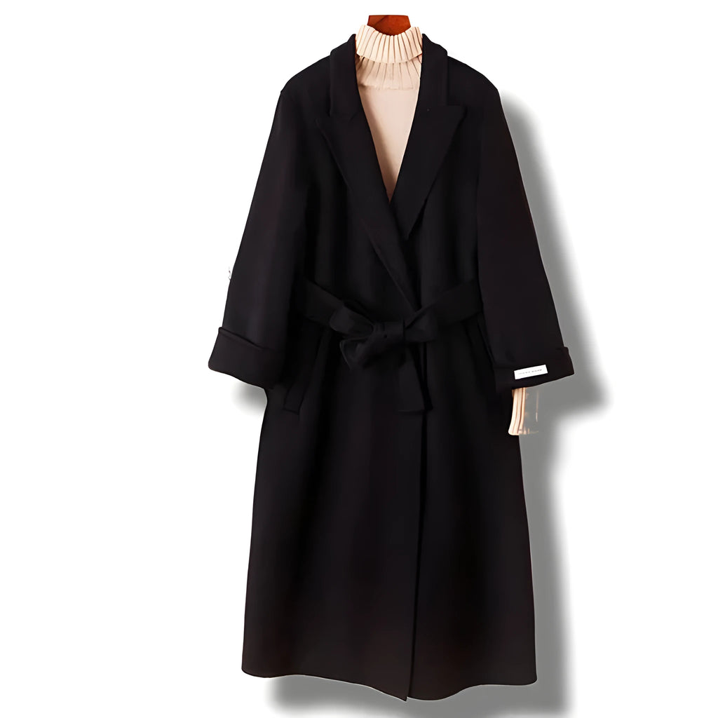 A long caramel-coloured wool coat for men with a formal suit-style collar laid flat.