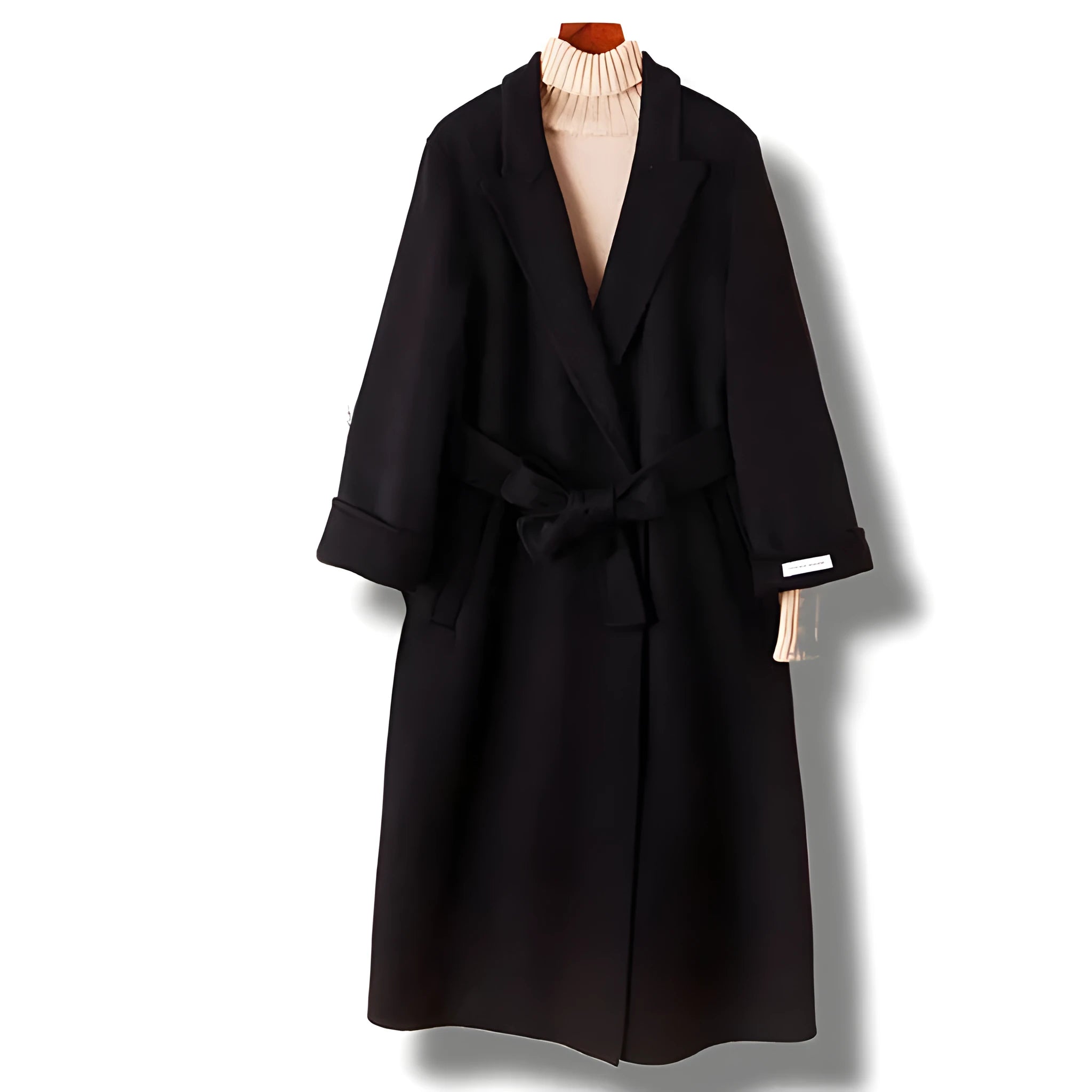 A long caramel-coloured wool coat for men with a formal suit-style collar laid flat.