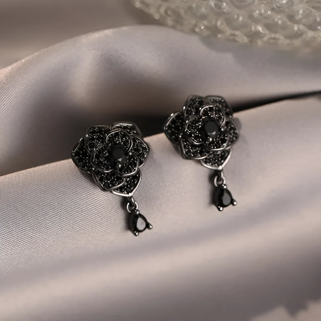 Black rose zircon stud earrings with flower design and 18K gold colour electroplated finish