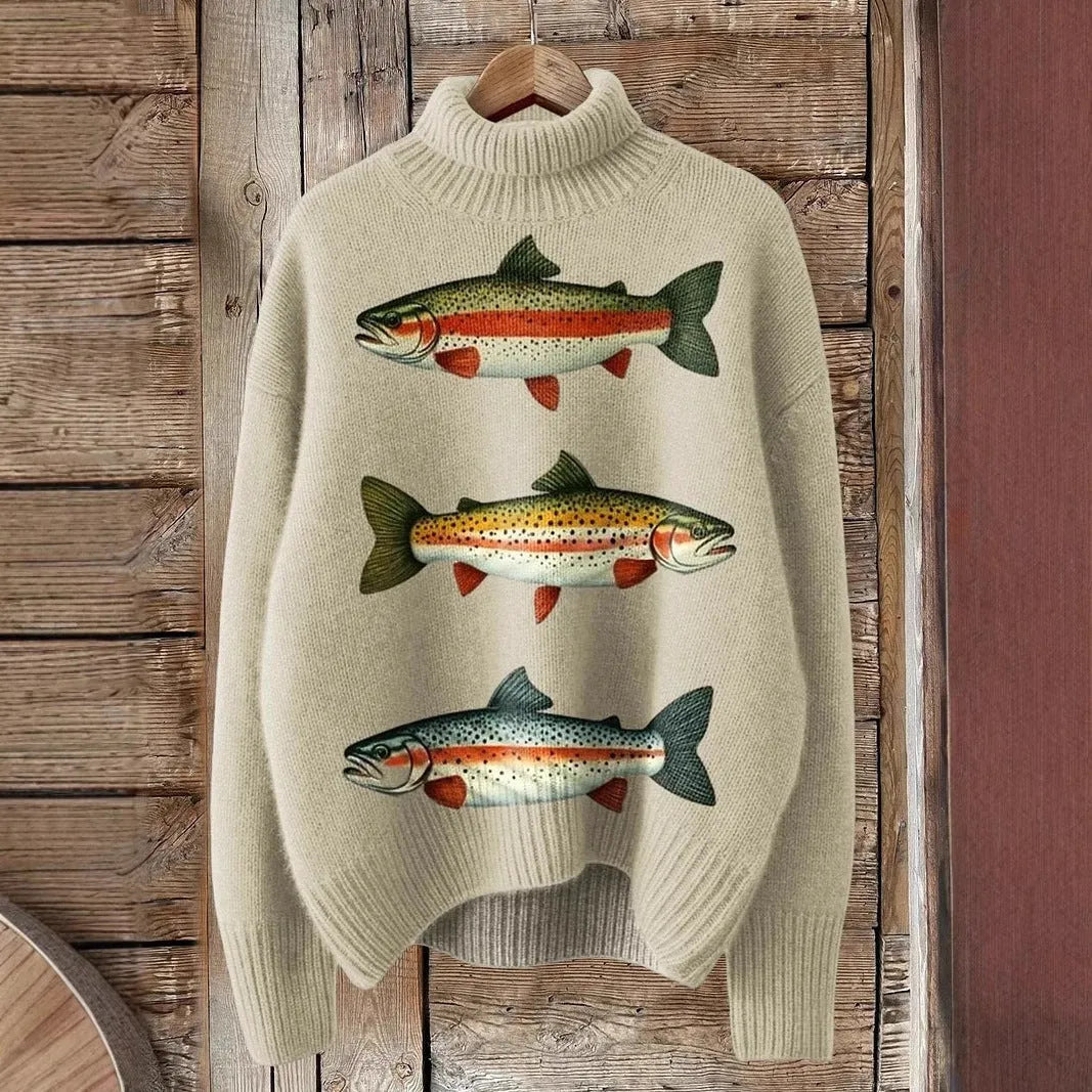Women's Christmas printed turtleneck sweater with painting pattern in macaron colours