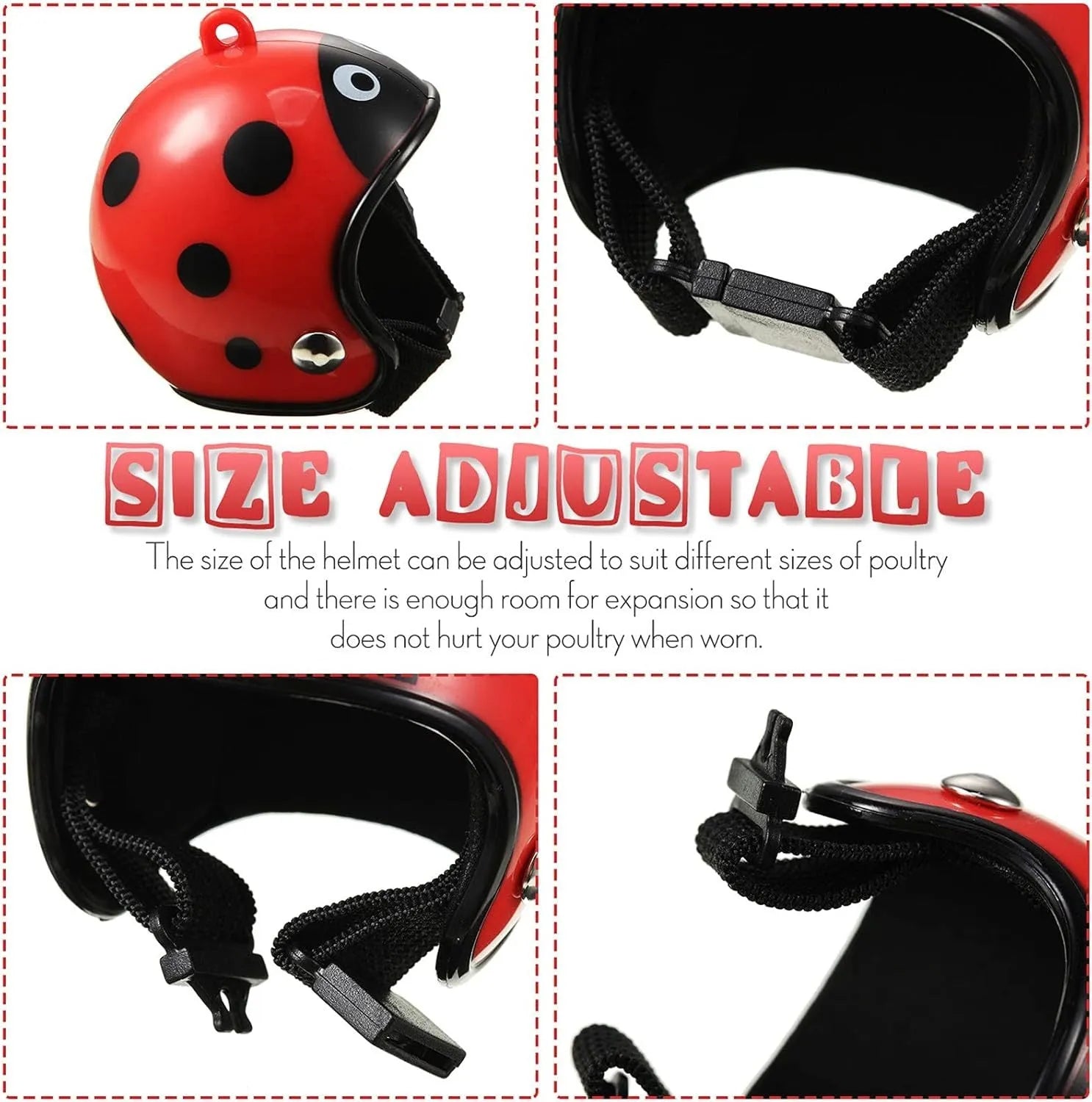 Small hard plastic helmet for chicken or bird with elastic straps and sponge lining.
