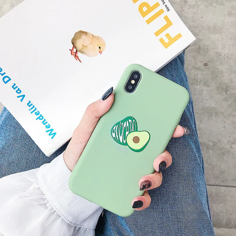 Green cartoon avocado design on a soft TPU phone case for Apple iPhone.
