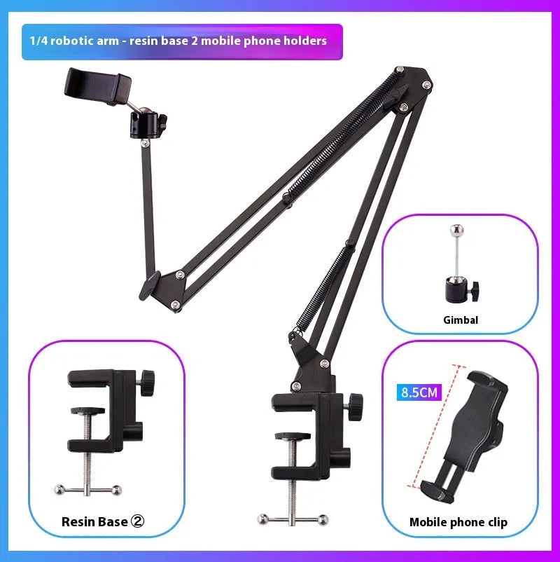Black foldable metal tablet cantilever bracket with adjustable arm and clamp