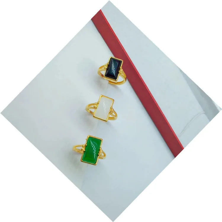 Adjustable brass gold-plated ring with gemstone inlay and national style design