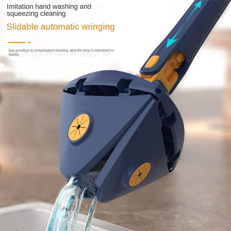 Blue extendable triangle cleaning mop with rotating head and long stainless steel pole on a tiled floor.