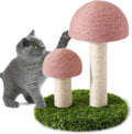 Pink mushroom-shaped cat scratching post with natural sisal cap and pole on a sturdy base.