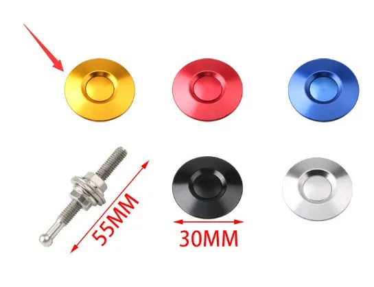 30mm diameter aluminium alloy engine cover lock with screw, shown in assorted colours.
