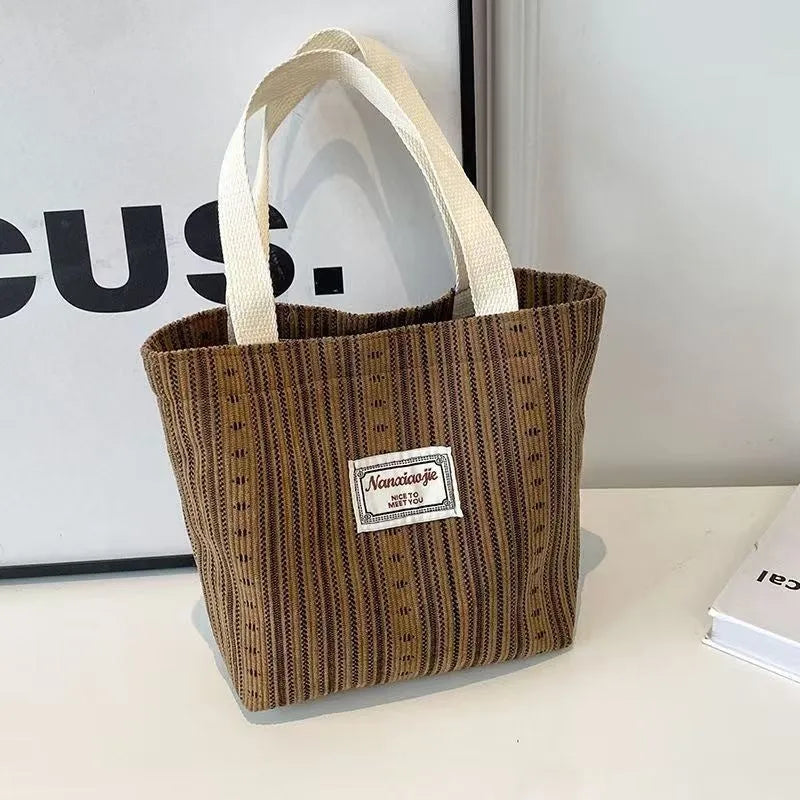 Japanese style corduroy handbag in ivory white, grey or dark brown colour