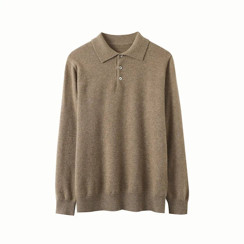 Men's cashmere polo collar pullover sweater in loose fit on mannequin