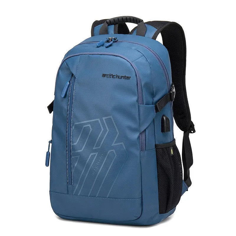 Casual plaid pattern computer backpack in blue with curved shoulder strap, 18-inch size