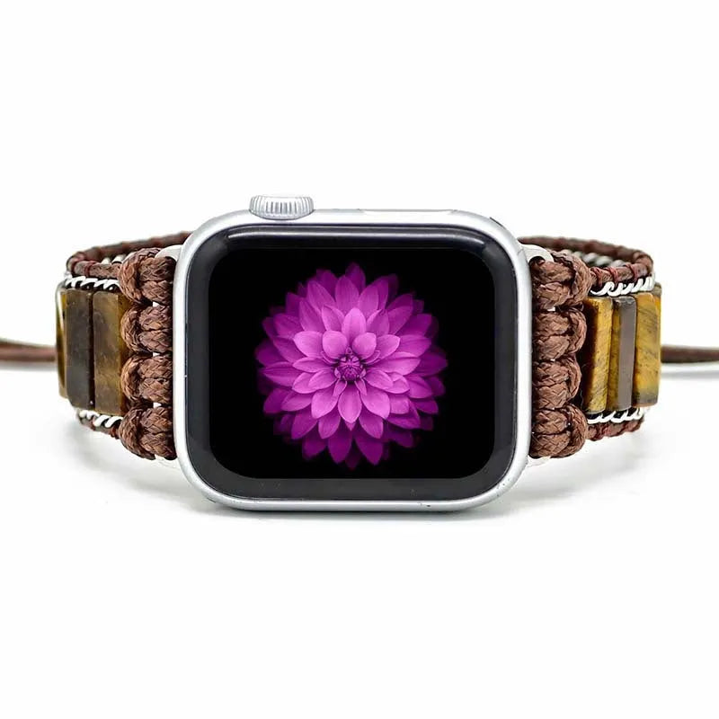 Men's adjustable textile watch strap with rectangular tiger eye stone chain detail, shown fitting a watch.