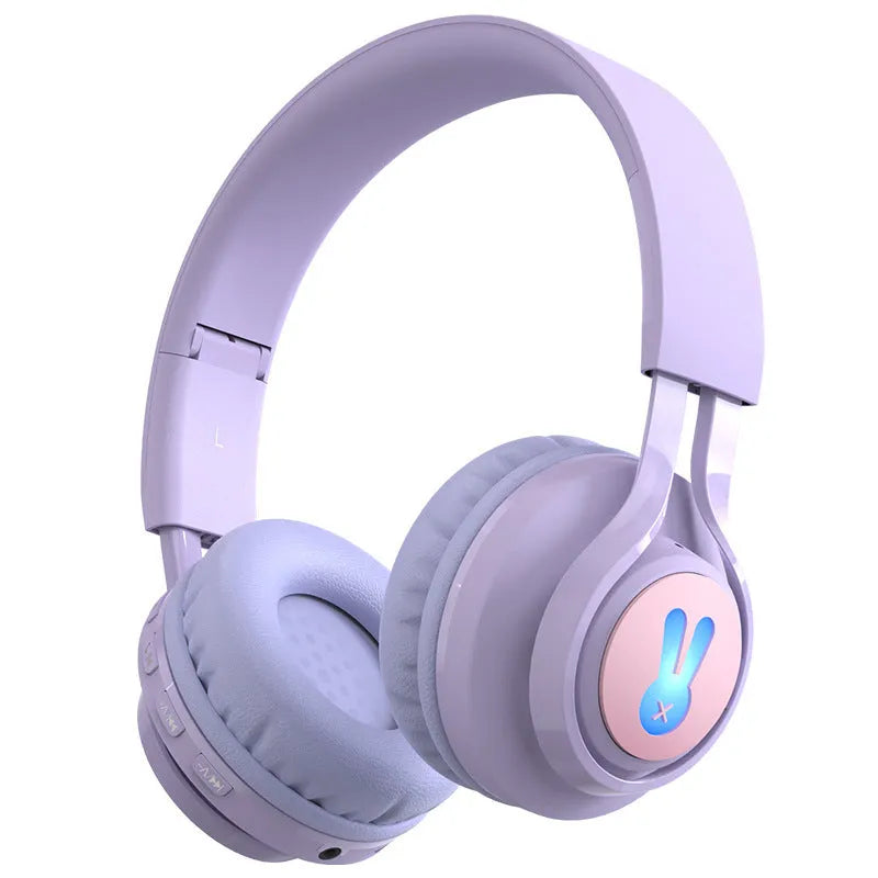 Wireless children's headphones with RGB lights in bunny purple colour showing stereo ear cups