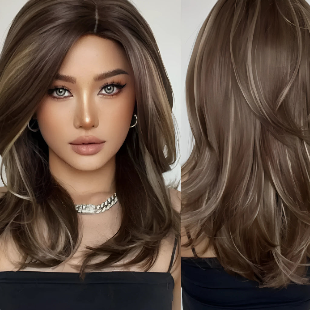 Mid-length platinum gradient colour full-head wig with long curly hair and bangs in high-temperature fibre
