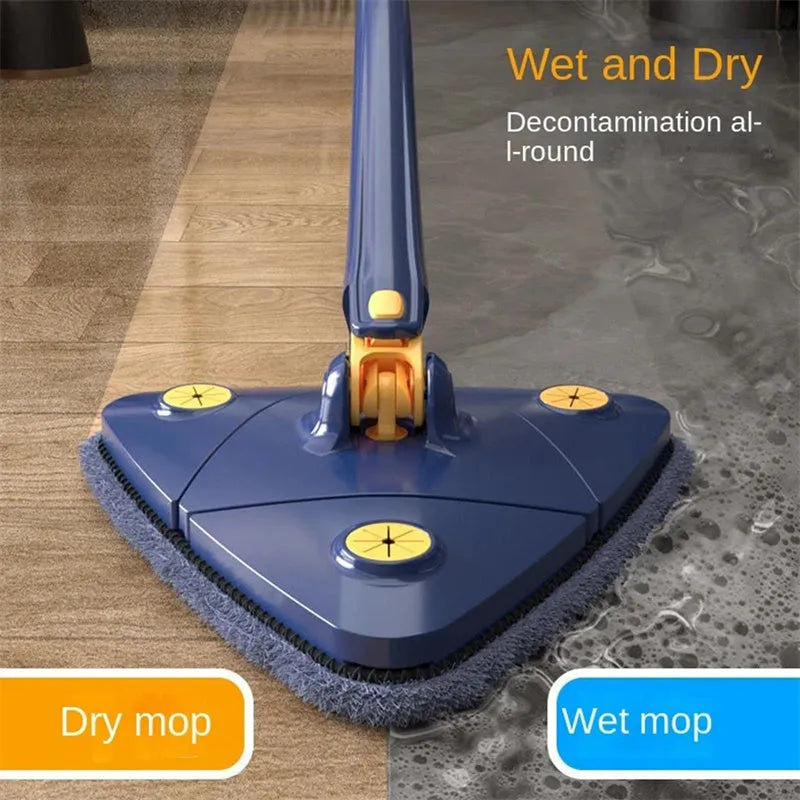 Blue extendable triangle cleaning mop with rotating head and long stainless steel pole on a tiled floor.