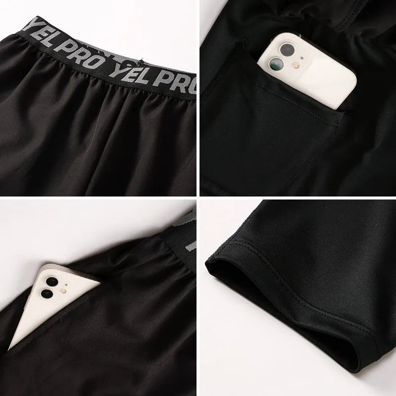 Men's grey quick-drying high elastic tight pants for running and fitness.