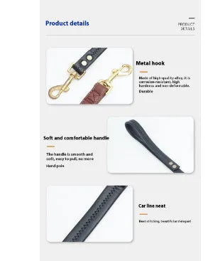 Black PU leather dog lead with metal clip showing adjustable length options