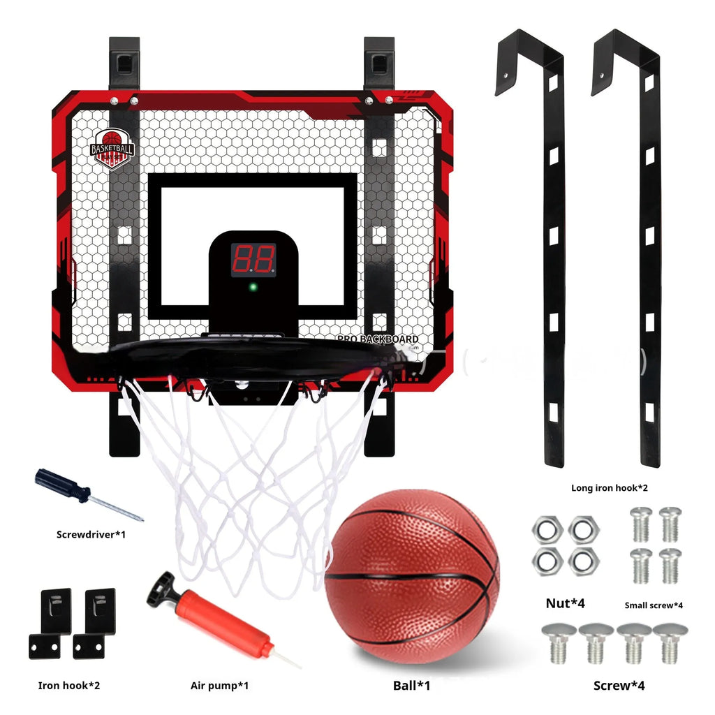 Red and blue folding basketball frame with suction cups, iron hook, and parallel panels for indoor dunk practice