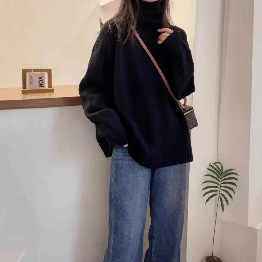 Women's loose thick turtleneck sweater with curling pile collar in red, camel, grey, or black