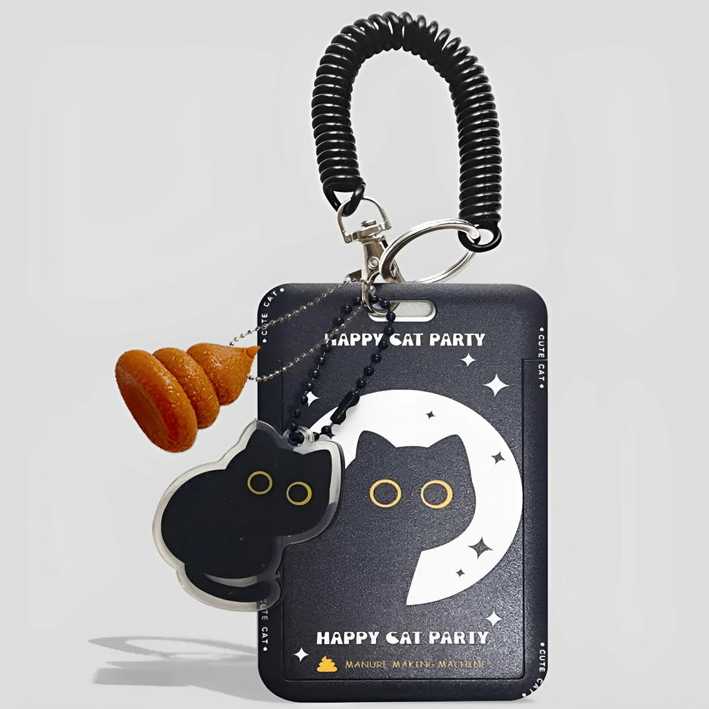 Plastic card sleeve holder with black cat cartoon design and ferrule pendant attachment for student ID and transport cards