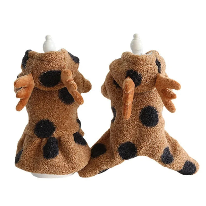 Polka dot pet clothing with elk couple design for dogs and cats in four-leg or skirt style options