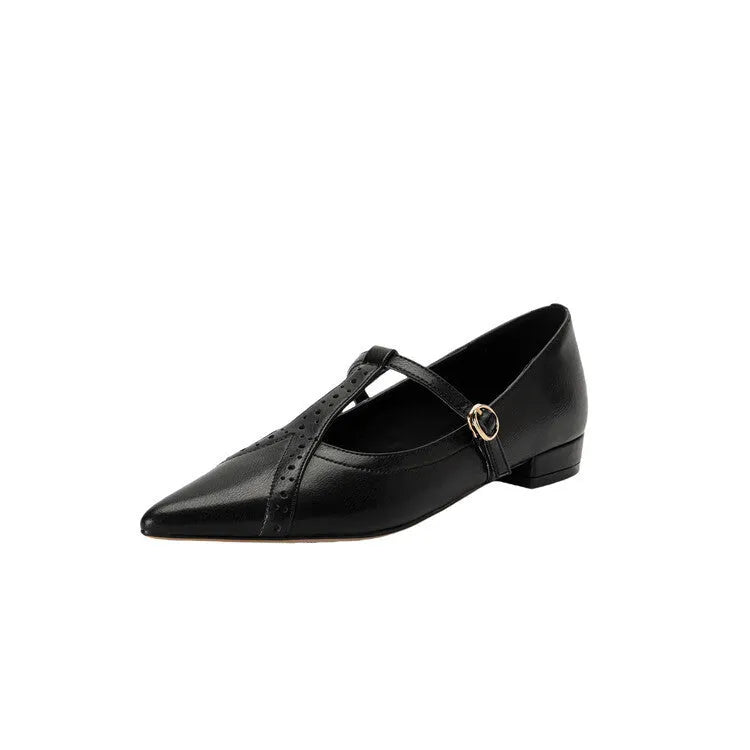 Brown pointed low-cut women's flat shoes with round toe and metal decoration on cowhide upper.