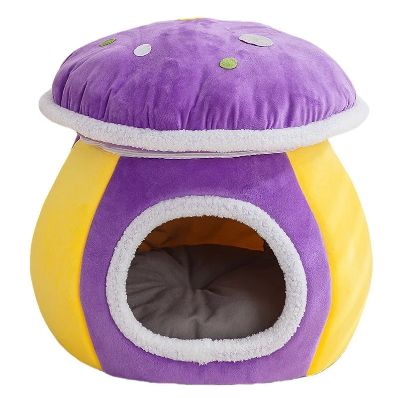 Mushroom-shaped cat bed with rabbit plush cover in grey pink purple colours