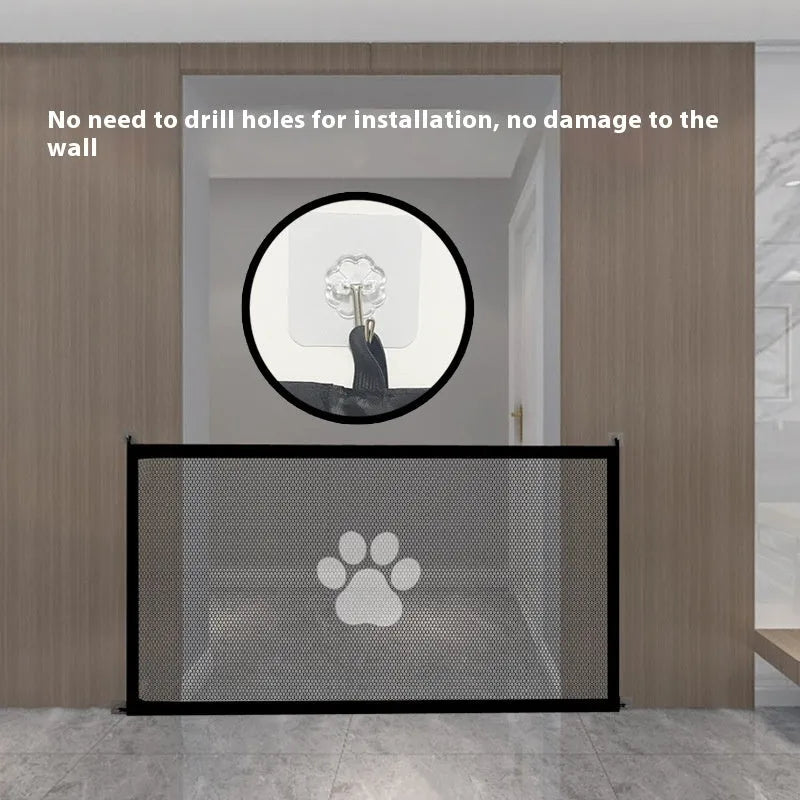 Folding dog barrier safety net with dog footprint design in doorway