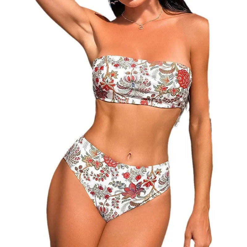 Women's printed bandeau swimsuit top and matching shorts set on a white background