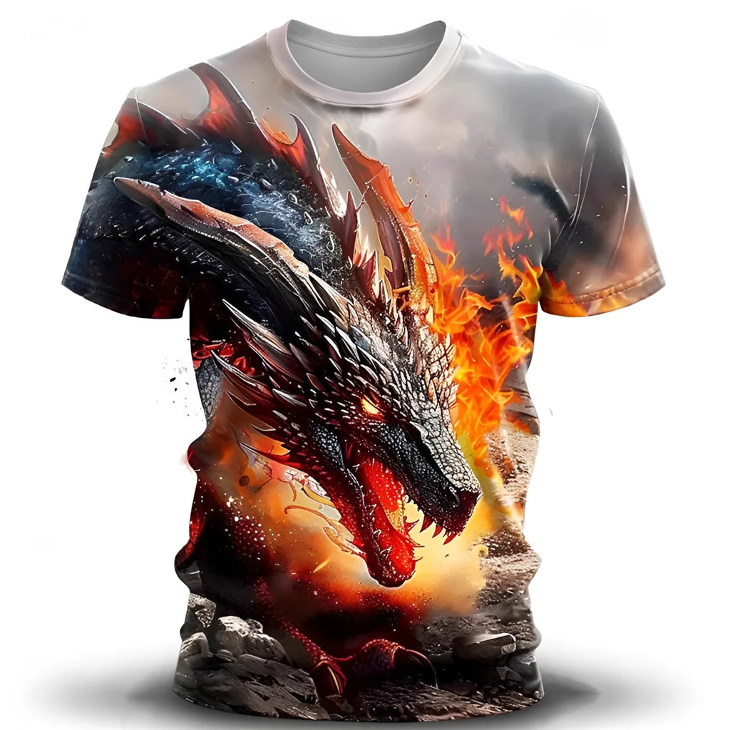 Men's grey short-sleeved T-shirt with a detailed 3D wind dragon graphic print on the front.