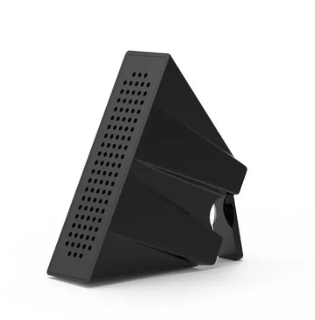 A portable black ABS mobile phone amplifier bracket holding an iPhone to boost sound for desktop use.