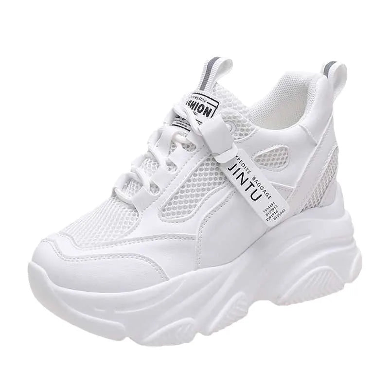 Women's black mesh platform casual shoes with hollow-out design and a toe holder on a white background.