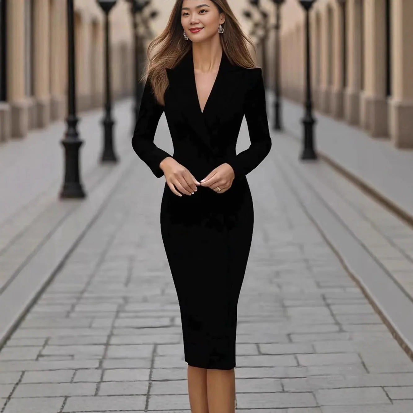 A woman's single-breasted coat dress with long sleeves and a high waist, shown in one of four colour options.