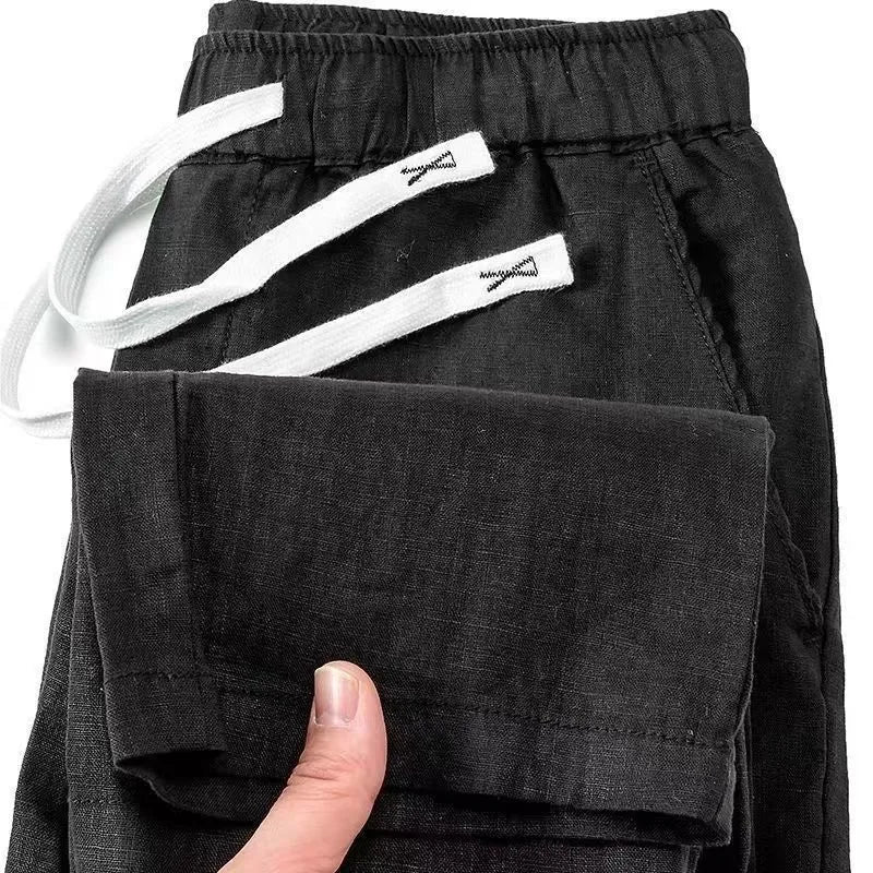 Pure linen Chinese style trousers with elastic waistband in straight leg cut available in multiple colours