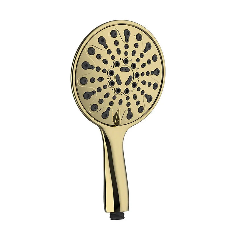 Silver electroplated handheld shower head with six function selector on a 6-inch face.