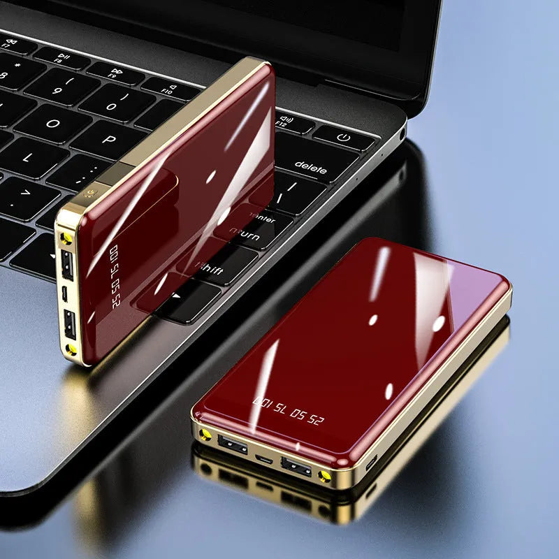Mirror digital display power bank showing 20000mAh capacity and colour options