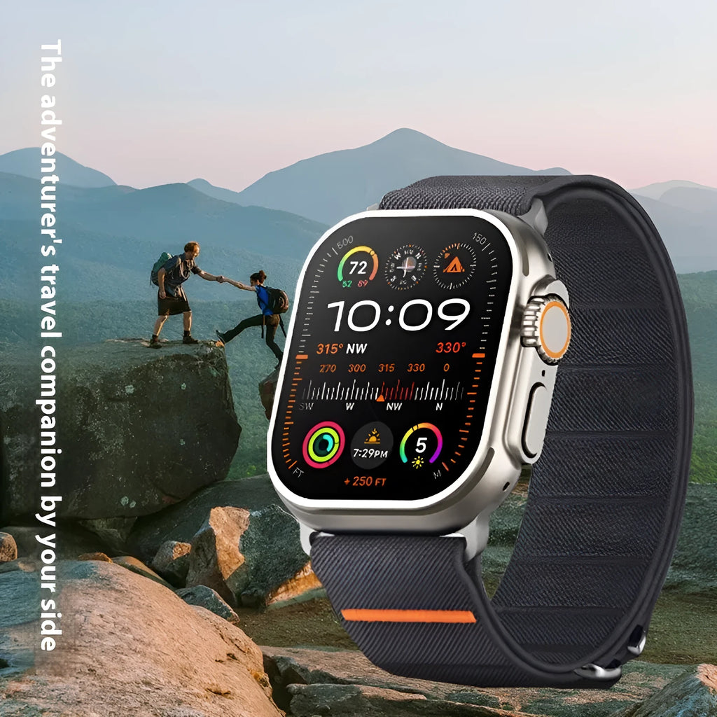 Elastic nylon Apple Watch band with stainless steel buckle shown in multiple colour options