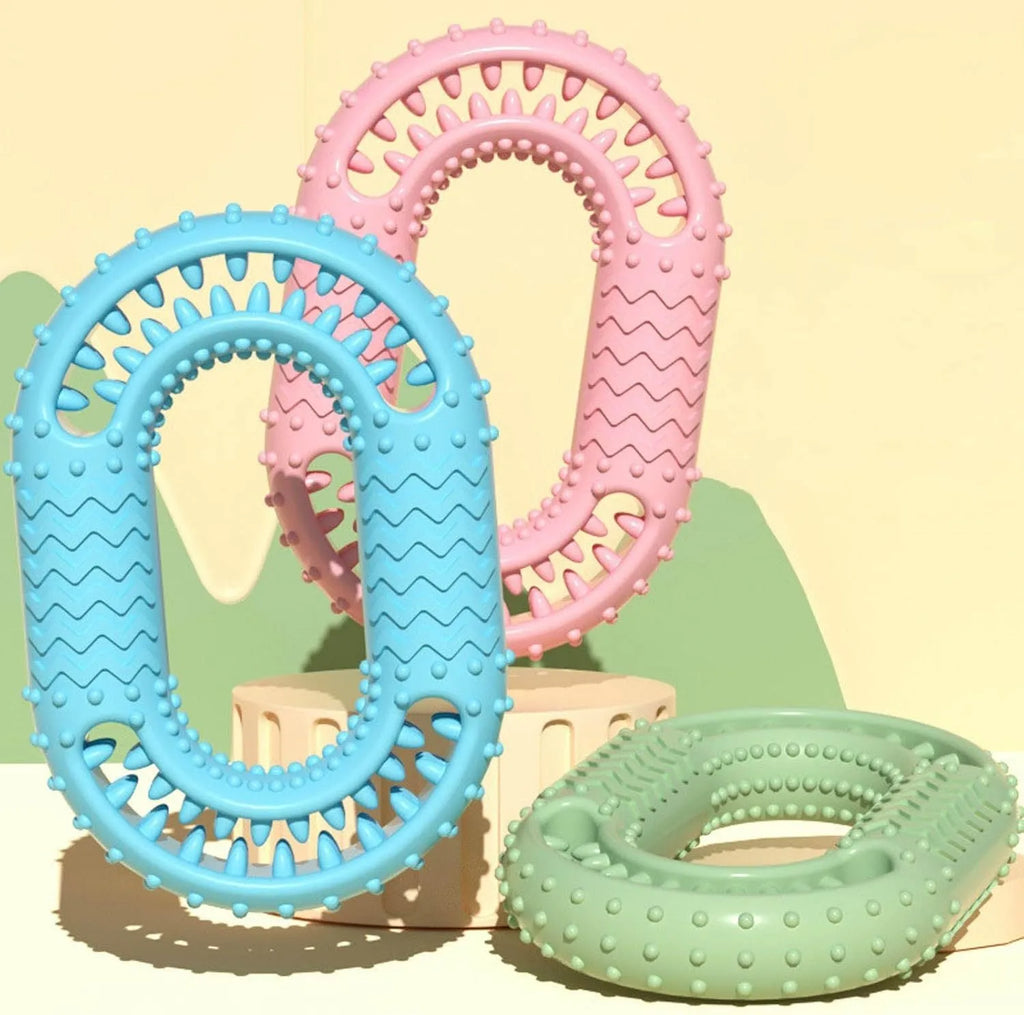 Blue O-ring dog chew toy for aggressive chewers with dental benefits