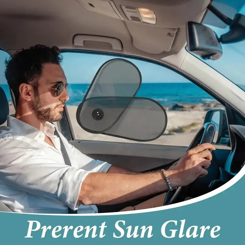 Black stretchy car window shade with suction cups attached to a side window.