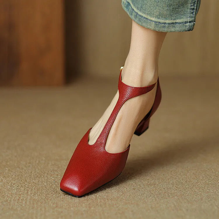 French retro square toe chunky heel wine red sheepskin leather shoes with buckle fastening