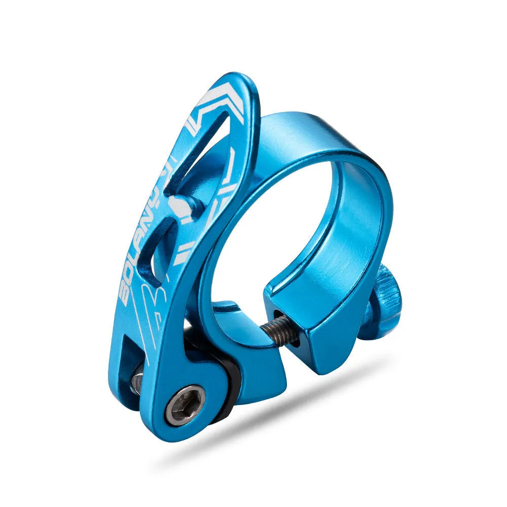 Aluminium mountain bicycle seat post clamp accessory in black, blue, gold, or red.