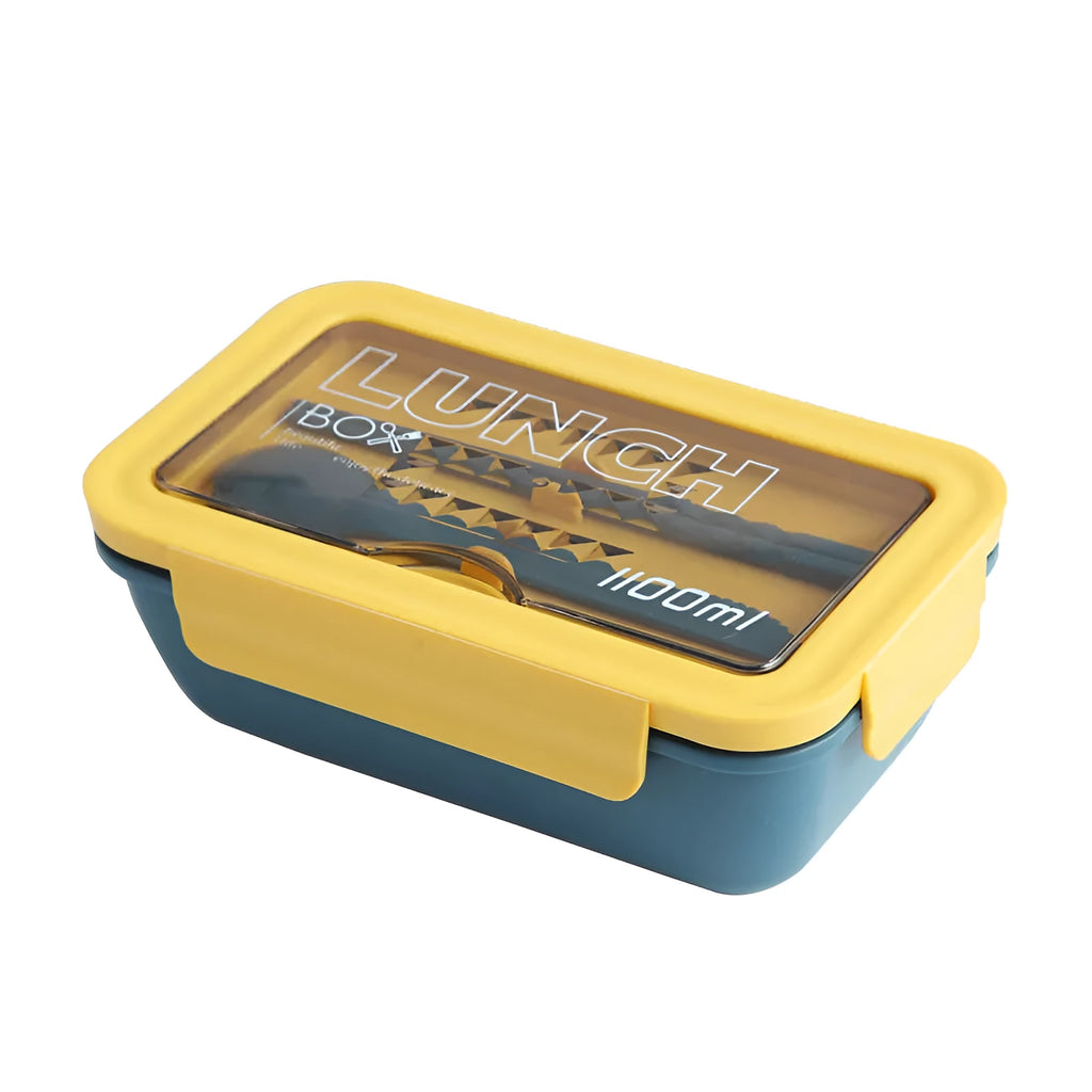 Green partitioned bento box with four compartments showing 20.5 cm plastic lunch container