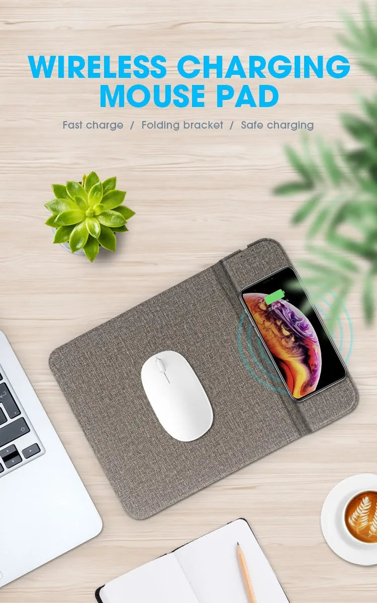 Foldable cloth phone holder open showing Qi wireless charging pad for smartphones.