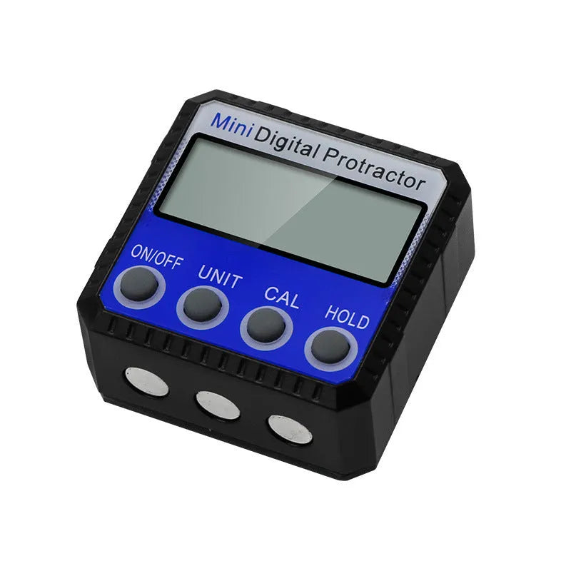 Blue digital inclinometer 52x52x28mm with magnetic base and flip design