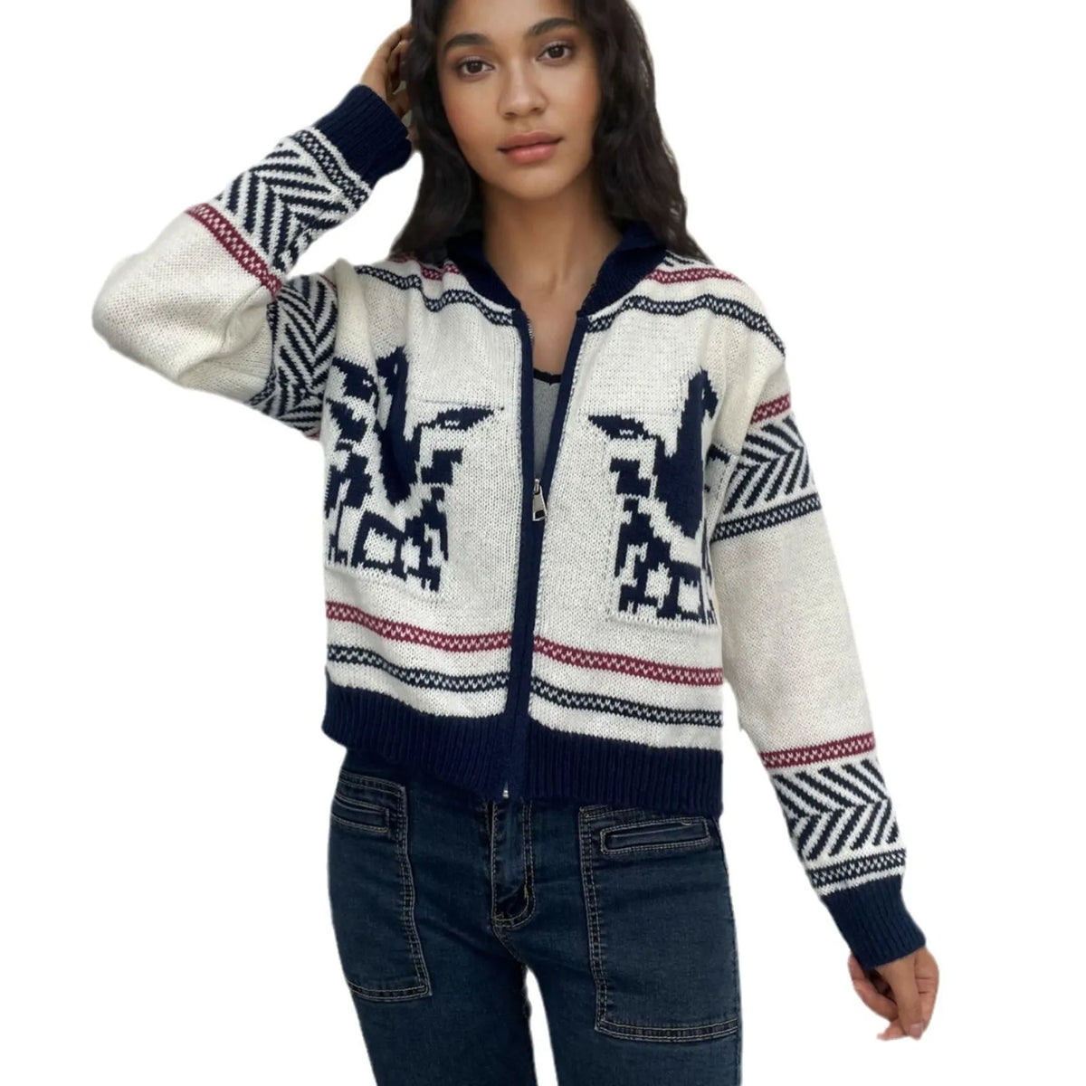 White women's cardigan sweater with a front zipper, lapel collar, and a vertical jacquard contrast stripe.