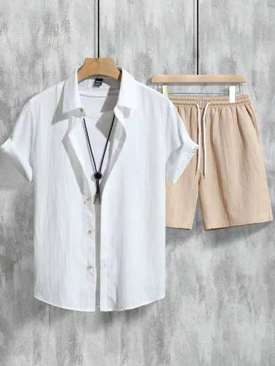 Men's casual Hawaiian print short sleeve shirt and matching shorts outfit on a hanger.