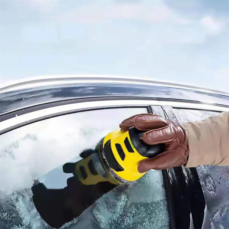 Yellow cordless electric ice scraper for car windshields with USB charging port