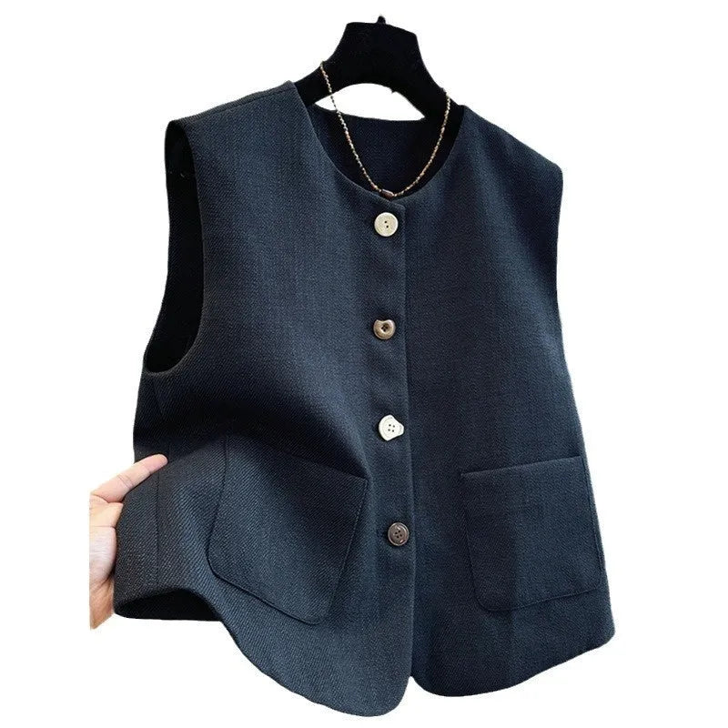 Women's sleeveless polyester bandage vest in milky white with round neck